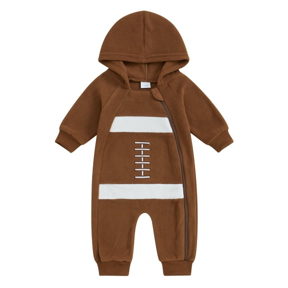 Suealasg Baby Boys Fleece Hood Romper Newborn Boys Football Print Long Sleeve Full Length Jumpsuit 1 3 6 9 12 Months Infant Boys Fall Coming Home Clothes