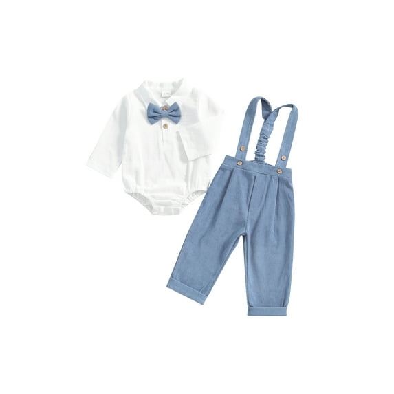 Suealasg Baby Boys Gentleman Suits Outfits 3 6 12 18 24 Months Infant Boy Long Sleeve Rompers with Bow Tie and Suspender Pants Set Toddler Boys Fall Formal Wear Clothes