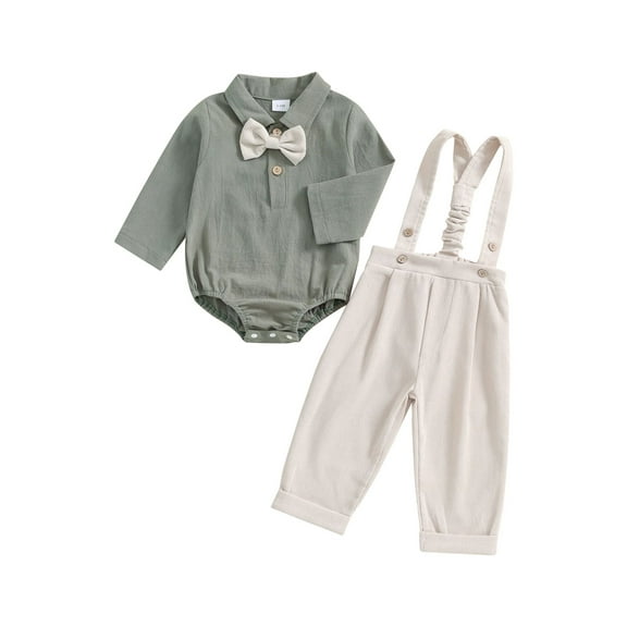Suealasg Baby Boys Gentleman Suits Outfits 3 6 12 18 24 Months Infant Boy Long Sleeve Rompers with Bow Tie and Suspender Pants Set Toddler Boys Fall Formal Wear Clothes