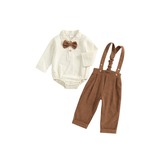 Suealasg Baby Boys Gentleman Suits Outfits 3 6 12 18 24 Months Infant Boy Long Sleeve Rompers with Bow Tie and Suspender Pants Set Toddler Boys Fall Formal Wear Clothes