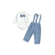 Suealasg Baby Boys Gentleman Suits Outfits 3 6 12 18 24 Months Infant Boy Long Sleeve Rompers with Bow Tie and Suspender Pants Set Toddler Boys Fall Formal Wear Clothes