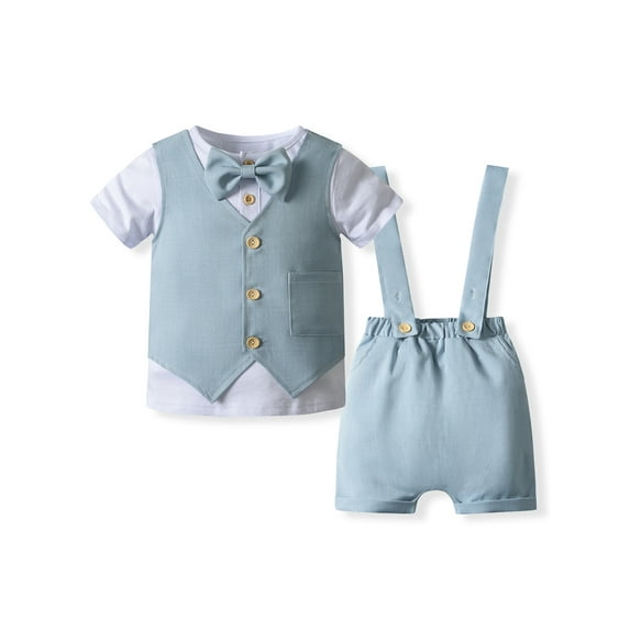 Suealasg Baby Boys Gentleman Suits Outfits 3M 6M 12M 18M 24M Short Sleeve Button T-Shirt with Suspender Shorts and Waistcoat 3Pcs Summer Formal Party Clothing for Infant Boys