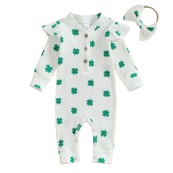 Suealasg Baby Boys Girls 2pcs Irish Festivals Outfits 3M 6M 12M Newborn Long Sleeve Shamrock Print Jumpsuit +Bow Headband Casual Spring Saint Patrick's Day Clothing for Infant Girls