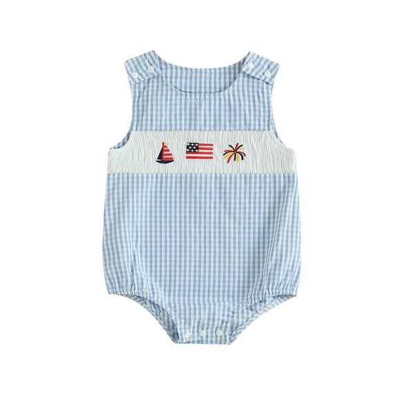 Suealasg Baby Boys Girls 4th of July Clothes Newborn Smocked Bubble Romper Firework Sailboat Flag Embroidery Overall Infant Summer Jumpsuit Playsuit Independence Day Outfit