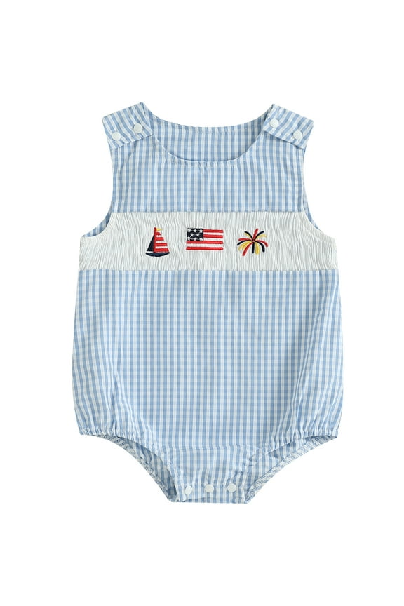Baby Boys Girls 4th of July Clothes Newborn Smocked Bubble Romper Firework Sailboat Flag Embroidery Overall Infant Summer Jumpsuit Playsuit Independence Day Outfit