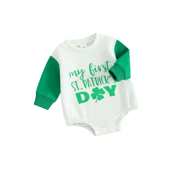 Suealasg Baby Boys Girls Clothes Infant Ireland Festival Romper Bodysuit Long Sleeve Shamrock Letters Print Jumpsuit Newborn Spring Casual Playsuit 0-18 Months