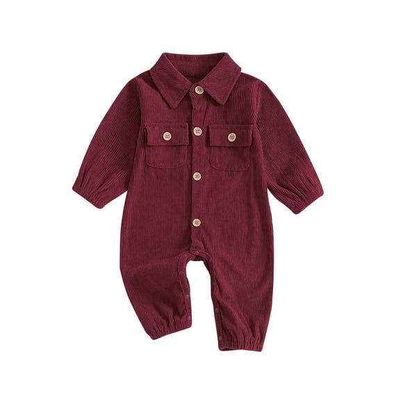 Suealasg Baby Boys Girls Full Length Jumpsuit Long Sleeve Lapel Neck Corduroy Romper 3 6 9 12 Months Fall Coming Home Clothes for Infant Boys Girls