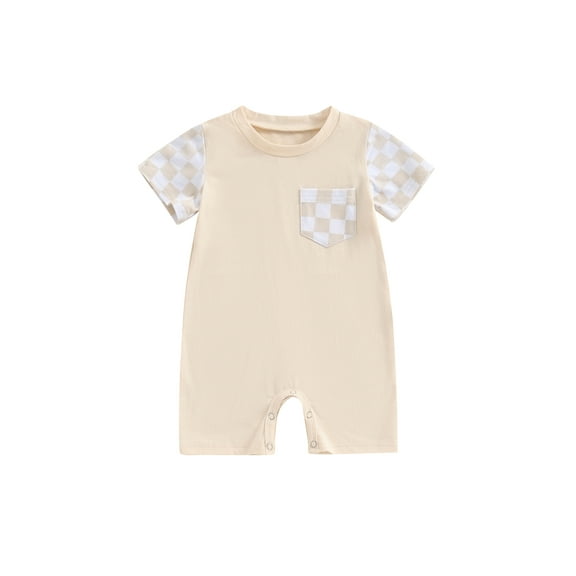 Suealasg Baby Boys Girls Jumpsuit Short Sleeve Crew Neck Plaid Print Romper 3M 6M 12M 18M Summer Casual Daily Clothes