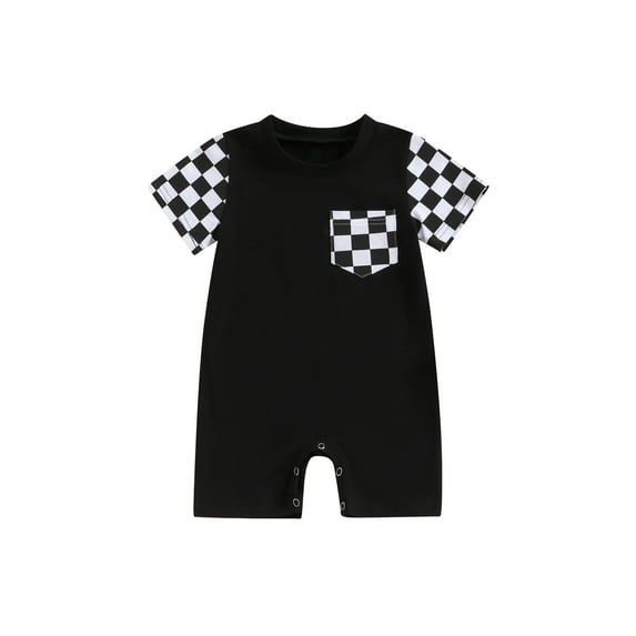 Suealasg Baby Boys Girls Jumpsuit Short Sleeve Crew Neck Plaid Print Romper 3M 6M 12M 18M Summer Casual Daily Clothes