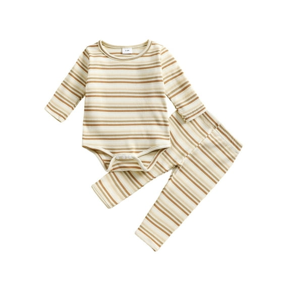 Suealasg Baby Boys Girls Outfit 3Pcs Newborn Spring Fall Clothes 3 6 12 18 Months Infant Stripes Print Long Sleeve Romper Long Pants Hat Set