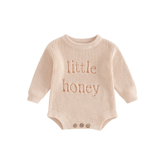 Suealasg Baby Boys Girls Sweater Romper Long Sleeve Round Neck Letter Embroidery Knit Bodysuit Infant Boys Girls Winter Playsuit