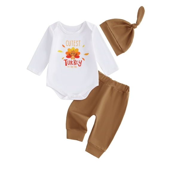 Suealasg Baby Boys Girls Thanksgiving Clothes Long Sleeve Turkey Print Romper Long Pants Hat Sets 3 6 12 18 Months Infant Boys Girls 3Pcs Spring Fall Pants Set Outfits