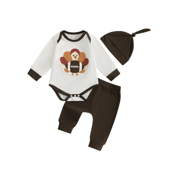 Suealasg Baby Boys Girls Thanksgiving Outfits 3 6 12 18 Months Long Sleeve Turkey Embroidery Romper + Pants + Hat Set 3Pcs Casual Spring Fall Clothes for Infant Boys Girls