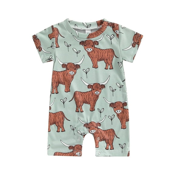 Suealasg Baby Boys Girls Western Outfit Short Sleeve Crew Neck Cow Print Jumpsuit Romper Bodysuit 3M 6M 12M 18M Newborn Girls Summer One Piece Clothes