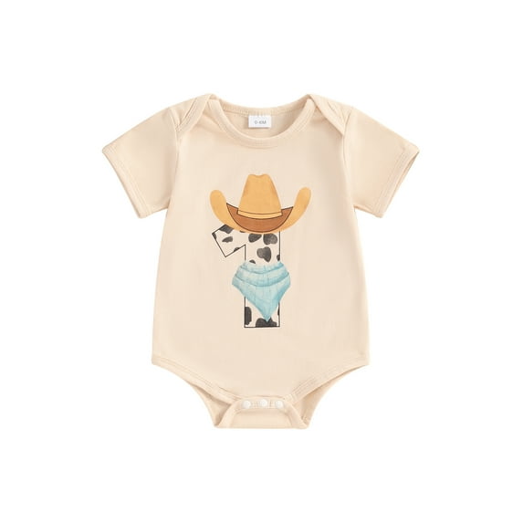 Suealasg Baby Boys Girls Western Outfit Short Sleeve Crew Neck Hat Print Romper Bodysuit 3M 6M 12M Cute Summer One Piece Clothes for Newborn Boys Girls