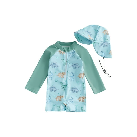 Suealasg Baby Boys One Piece Swimsuits Infant Boys Long Sleeve Dinosaur/Sea Creature Print Jumpsuit Swimwear + Cap Newborn Boys Summer Romper Bathing Suit Beachwear