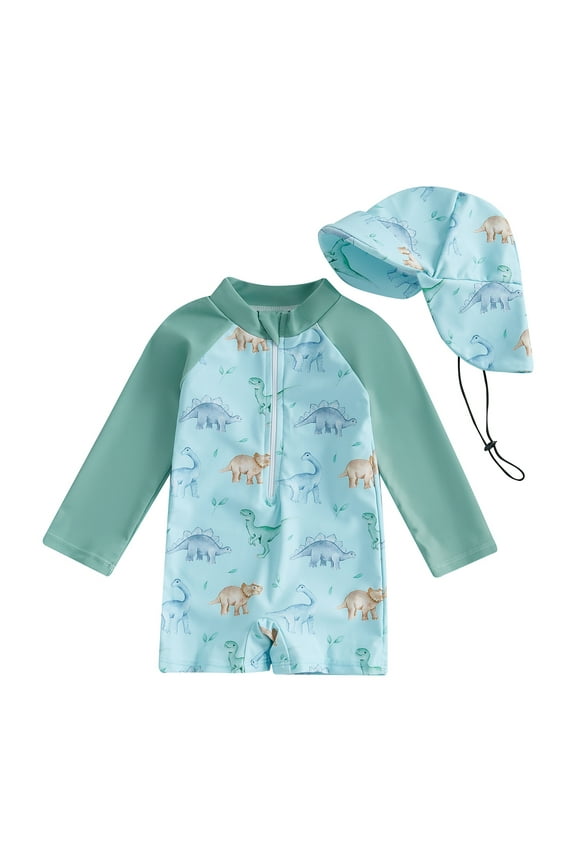 Baby Boys One Piece Swimsuits Infant Boys Long Sleeve Dinosaur/Sea Creature Print Jumpsuit Swimwear + Cap Newborn Boys Summer Romper Bathing Suit Beachwear