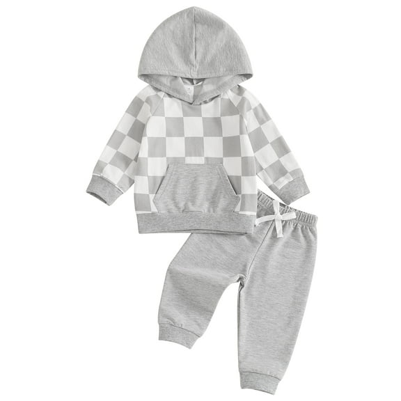 Suealasg Baby Boys Outfits Toddler Boys Fall Winter 2Pcs Clothes 6M 1T 2T 3T Long Sleeve Crew Neck Checkerboard Print Hooded Sweatshirt Sweatpants Sets