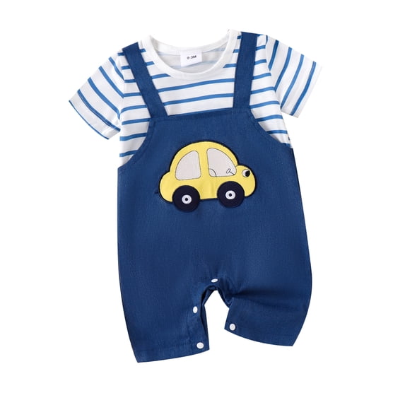 Suealasg Baby Boys Rompers Short Sleeve Striped Car Print Jumpsuit 3 6 9 12 18 Months Newborn Infant Summer Clothes