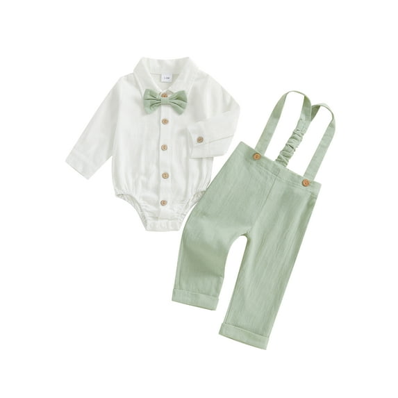 Suealasg Baby Boys Spring Fall Outfit Sets Long Sleeve Lapel Button Up Romper Solid Color Suspender Pants Sets 3 6 9 12 18 Months Infant Boys 2Pcs Clothes
