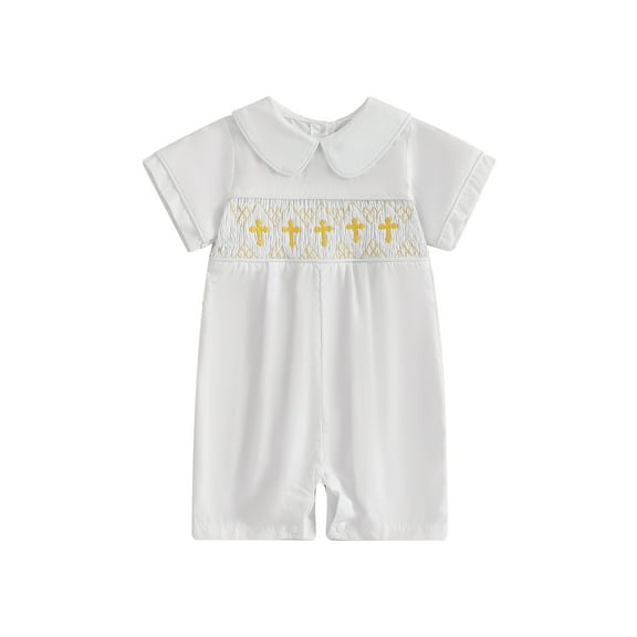 Suealasg Baby Boys Summer Jumpsuit Short Sleeve Doll Collar Print Romper Bodysuit Infant One Piece Clothes