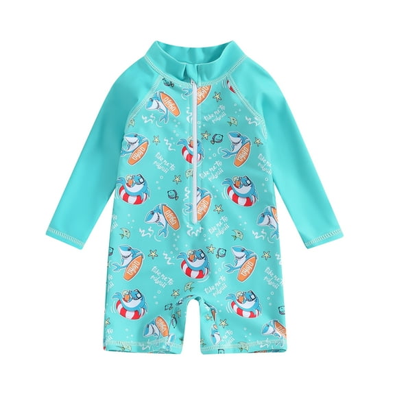 Suealasg Baby Boys Summer One Piece Swimsuits Long Sleeve Shark Print Zipper Rash Guard Swimwear Infant Boys Romper Beach Bathing Suit