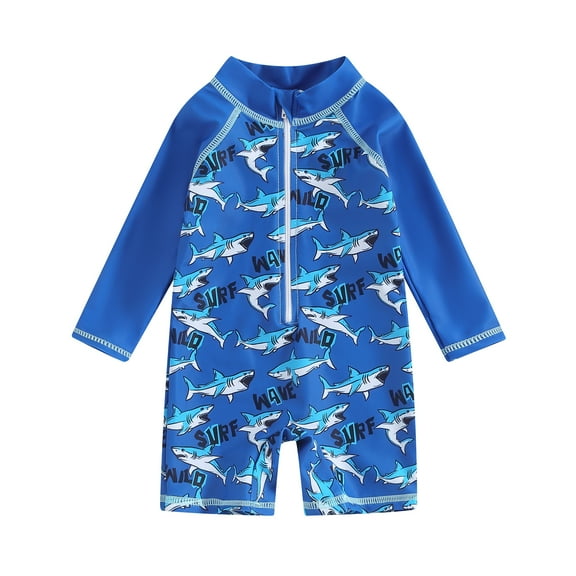 Suealasg Baby Boys Summer One Piece Swimsuits Long Sleeve Shark Print Zipper Rash Guard Swimwear Infant Boys Romper Beach Bathing Suit