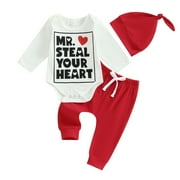 Suealasg Baby Boys Valentines Day Outfits Clothes 3M 6M 12M 18M Infant Boys Long Sleeve Letters Romper Sweatpants Hat 3Piece Casual Spring Clothing for Toddler Boys