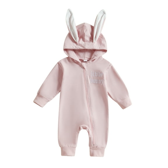 Suealasg Baby Easter Hooded Jumpsuits Zip Up Letter Long Sleeve Cute Bunny Ear Spring Romper