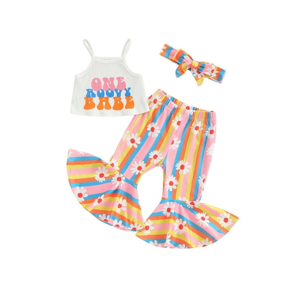 Suealasg Baby Girl 1st Birthday Outfits Sleeveless Letter Print Cami Tops +Flower Stripe Print Flare Pants +Headband 3Pcs Newborn Infant Girls Summer Beach Vacation Clothes  0-1 Years