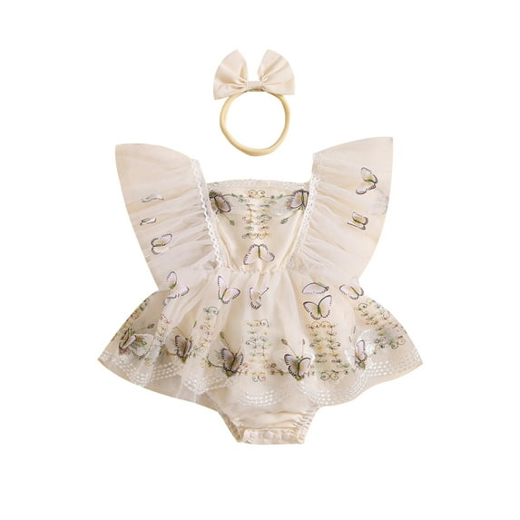 Suealasg Baby Girl 1st Birthday Party Outfit Fly Sleeve Butterfly Embroidery Lace Tulle Romper Dress+ Headband Newborn Summer Photoshoot Clothes