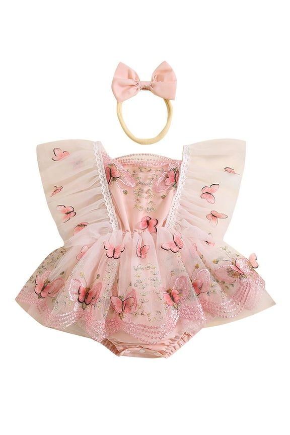 Baby Girl 1st Birthday Party Outfit Fly Sleeve Butterfly Embroidery Lace Tulle Romper Dress+ Headband Newborn Summer Photoshoot Clothes