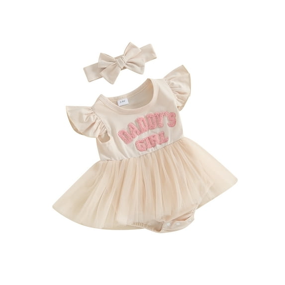 Suealasg Baby Girl 2 Piece Outfits Letter Embroidery Mesh Romper Dress and Headband 3M 6M 12M 18M Toddler Girls Summer Clothes