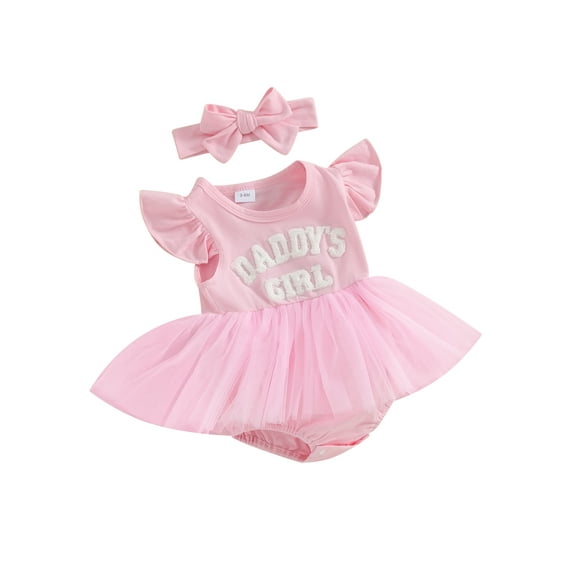 Suealasg Baby Girl 2 Piece Outfits Letter Embroidery Mesh Romper Dress and Headband 3M 6M 12M 18M Toddler Girls Summer Clothes