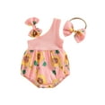 thumbnail image 1 of Suealasg Baby Girl 2 Piece Summer Set Sunflower Print Slash Neck Sleeveless Frill Trim Ribbed Romper Bodysuit + 3D Bow Headband 0-18 Months Newborn Girls Outfits, 1 of 9