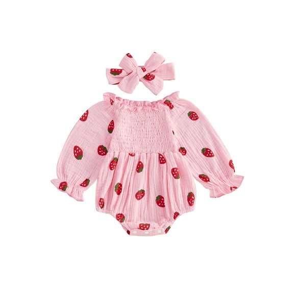 Suealasg Baby Girl 2Pcs Fall Outfits Long Sleeve Round Neck Strawberry Print Rompers Jumpsuit  Headband Set Newborn Girl Clothes