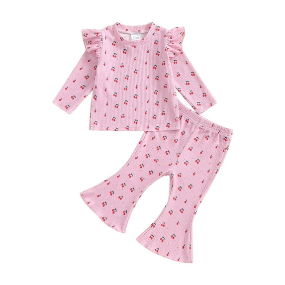 Suealasg Baby Girl 2Pcs Fall Outfits Ruffle Long Sleeve Cherry Print Tops + Flare Pants Set 6M 1T 2T 3T Toddler Girl Autumn Clothes