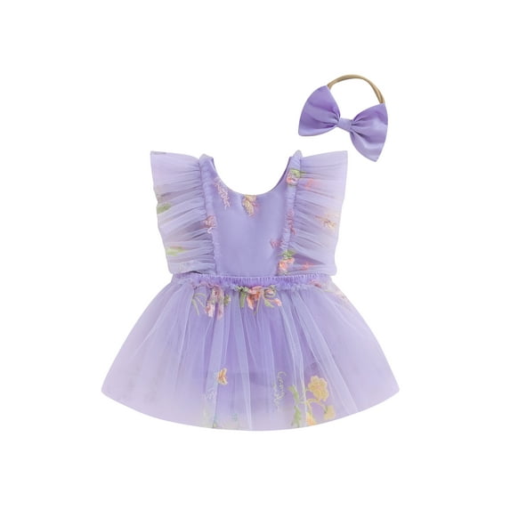 Suealasg Baby Girl 2Pcs Summer Clothes Ruffle Sleeveless Floral Embroidery Tulle Romper Dress+Headband Set 3 6 12 18 Months Infant Girls Birthday Photoshoot Outfits