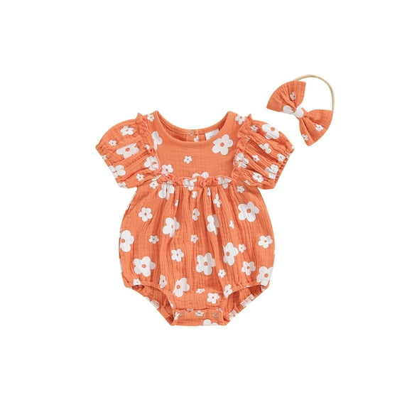 Suealasg Baby Girl 2Pcs Summer Outfits 3 6 12 18 Months Infant Short Sleeve Floral Print Frill Romper +Headband Set Newborn Girl Clothes