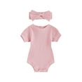thumbnail image 1 of Suealasg Baby Girl 2Pcs Summer Outfits Short Sleeve Crew Neck Ribbed Romper +Headband Set 3 6 9 12 18 Months Infant Newborn Girl Clothes, 1 of 7