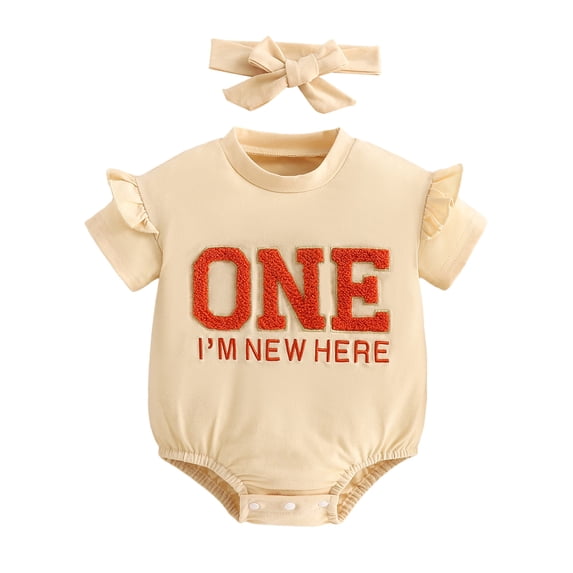 Suealasg Baby Girl 2Pcs Summer Outfits Short Sleeve Letter Embroidery Romper Bodysuit Jumpsuit +Headband Set 6M 12M 18M Newborn 1st Birthday Clothes
