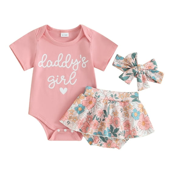 Suealasg Baby Girl 3 Piece Summer Beach Clothes Set Short Sleeve Letter Print Romper Tops + Floral Skirt Shorts +Headband Newborn Girls Father's Day Outfits