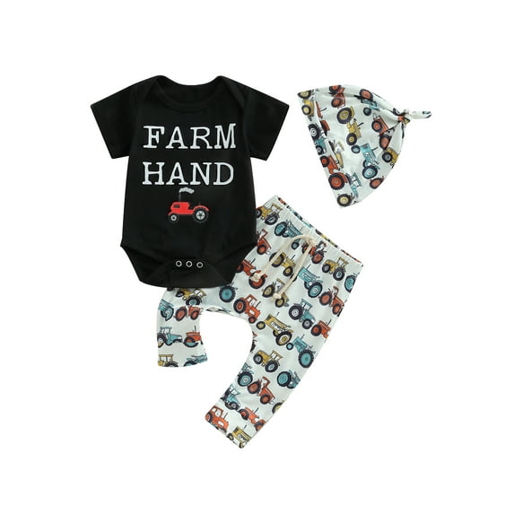 Suealasg Baby Girl 3 Piece Western Outfits Letter Print Short Sleeve Romper + Tractor Chicken Pants + Knot Hat Set Newborn Casual Country Clothes Set