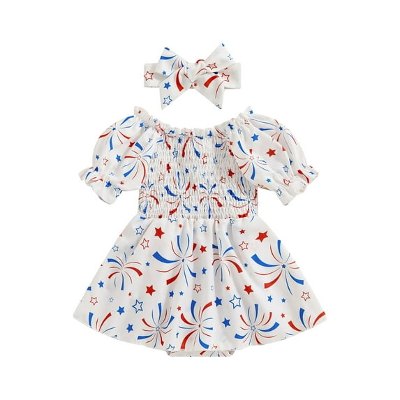 Suealasg Baby Girl 4th of July Romper Dress 3M 6M 12M 18M Short Puff Sleeves Fireworks Star Print Bodysuit+Bow Headband 2Pcs Newborn Girls Independence Day Clothes