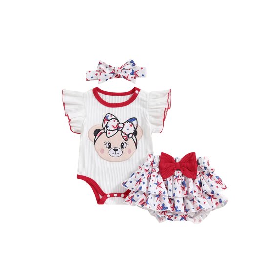 Suealasg Baby Girl 4th of July Outfits Set Fly Sleeve Bear Embroidery Tops Star Print Layered Hem Shorts Headband 3Pcs Newborn Summer Clothes