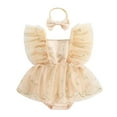 thumbnail image 1 of Suealasg Baby Girl Birthday Outfit Fly Sleeve Square-Neck Floral Embroidery Tulle Romper Dress with Bow Headband Summer Photoshoot Dress Clothes, 1 of 9