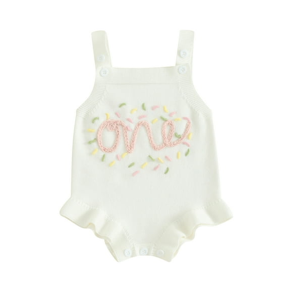 Suealasg Baby Girl Birthday Outfit Sleeveless One Letter Embroidery Sweater Romper Infant Girl 1st Birthday Bodysuit