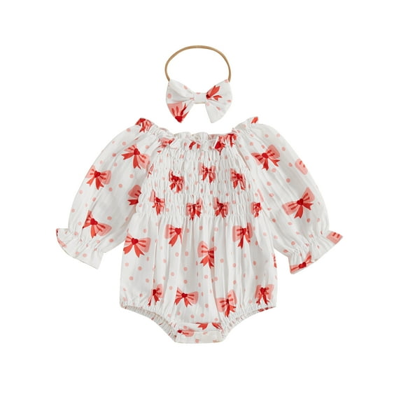 Suealasg Baby Girl Bow Romper Frill Trim Shirred Ruffle Long Sleeve Jumpsuit Cute Fall Clothes