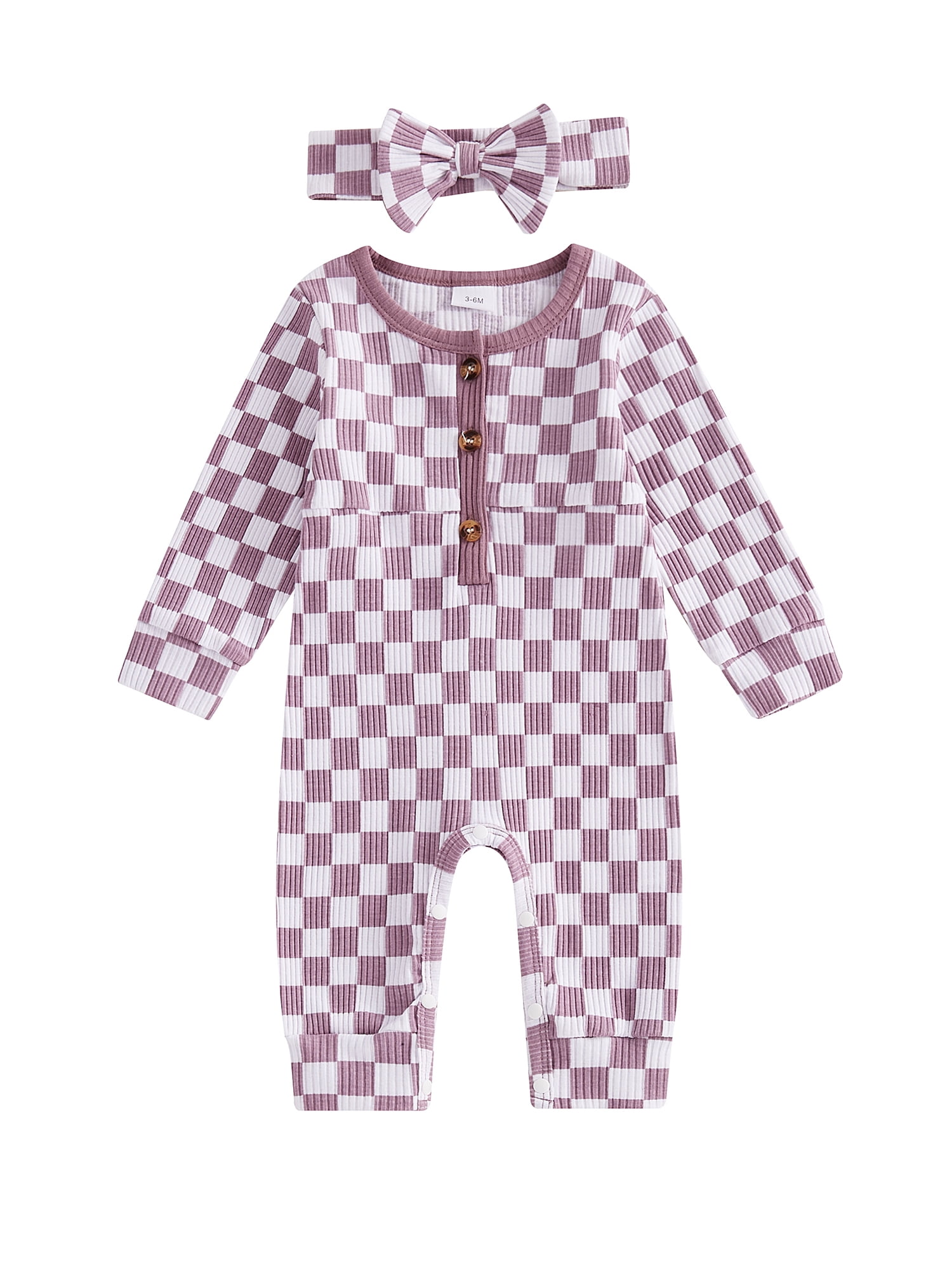 Suealasg Baby Girl Checkered Jumpsuit Ribbed Button-up Long Sleeve