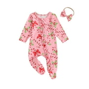 Suealasg Baby Girl Christmas Footed Jumpsuit +Headband 3 6 Months Newborn Long Sleeve Candy Cane Print Zipper Romper Infant Girl Fall Full Length Bodysuits